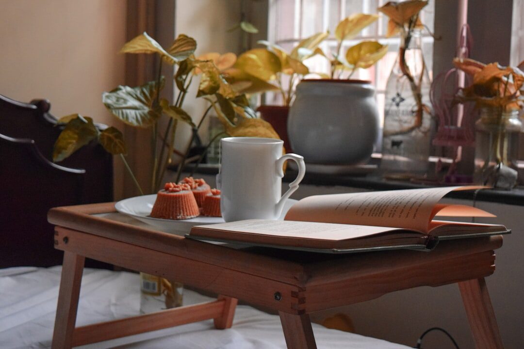 morning coffee and book on table